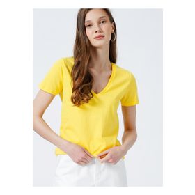 Fabrika TEYO V Yaka Basic Düz Kadın T-Shirt