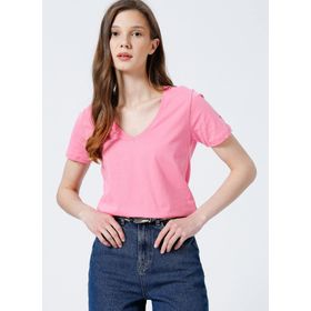 Fabrika TEYO V Yaka Basic Düz Kadın T-Shirt