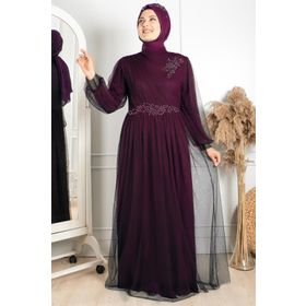 Fahima FHM844 Mürdüm Güpürlü Tül Abiye