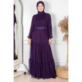 Fahima FHM864 Fırfır Güpür İşlemeli Tül Mor Kadın Abiye Elbise