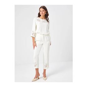 Faik Sönmez 68516 Paçası Delik İşli Slim Fit Ekru Kadın Pantolon