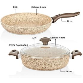 Falez Creamy Granitec 26+26 cm Kısa Granit Tencere Ve Tava