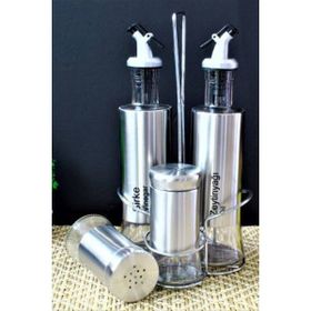 Fame Kitchen 4'lü Metal Standlı Cam Yağlık Sirkelik Tuzluk Seti