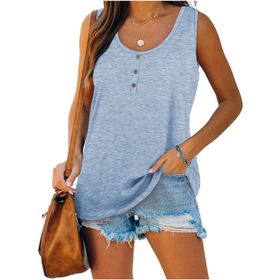 Famulily Henley Tank Top Açık Mavi U Yaka Düğmeli Kolsuz Kadın Bluz