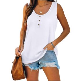 Famulily Henley Tank Top Beyaz U Yaka Düğmeli Kolsuz Kadın Bluz