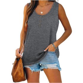 Famulily Henley Tank Top Gri U Yaka Düğmeli Kolsuz Kadın Bluz