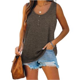 Famulily Henley Tank Top Kahverengi U Yaka Düğmeli Kolsuz Kadın Bluz