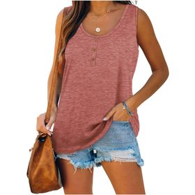 Famulily Henley Tank Top Kırmızı U Yaka Düğmeli Kolsuz Kadın Bluz