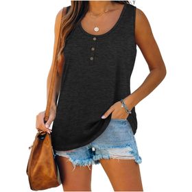 Famulily Henley Tank Top Koyu Siyah U Yaka Düğmeli Kolsuz Kadın Bluz