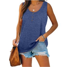 Famulily Henley Tank Top Mavi U Yaka Düğmeli Kolsuz Kadın Bluz