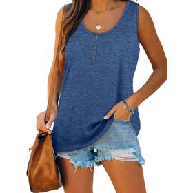 Famulily Henley Tank Top Mavi U Yaka Düğmeli Kolsuz Kadın Bluz