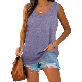 Famulily Henley Tank Top Mor U Yaka Düğmeli Kolsuz Kadın Bluz