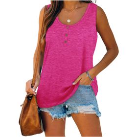 Famulily Henley Tank Top Sıcak Pembe U Yaka Düğmeli Kolsuz Kadın Bluz