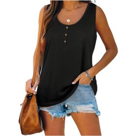 Famulily Henley Tank Top Siyah U Yaka Düğmeli Kolsuz Kadın Bluz