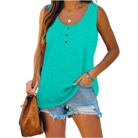 Famulily Henley Tank Top Yeşil U Yaka Düğmeli Kolsuz Kadın Bluz