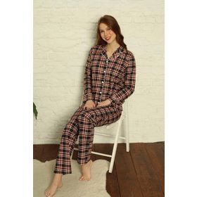 Farya Home Dreamy Ekoseli Pamuklu Biyeli Uzun Kollu Gömlek Ekose Bayan Pijama Takımı