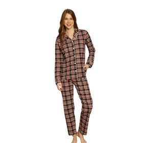 Farya Home Dreamy Ekoseli Pamuklu Biyeli Uzun Kollu Gömlek Ekose Bayan Pijama Takımı