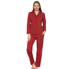 Farya Home Dreamy Ekoseli Pamuklu Biyeli Uzun Kollu Gömlek Kırmızı Bayan Pijama Takımı