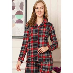 Farya Home Dreamy Ekoseli Pamuklu Biyeli Uzun Kollu Gömlek Siyah Kırmızı Bayan Pijama Takımı