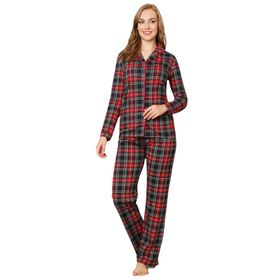 Farya Home Dreamy Ekoseli Pamuklu Biyeli Uzun Kollu Gömlek Siyah Kırmızı Bayan Pijama Takımı