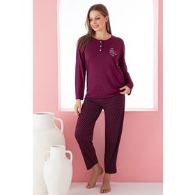 Farya Home Dreamy Uzun Kollu Desenli Düğmeli Yaka Mürdüm Kadın Pijama Takımı
