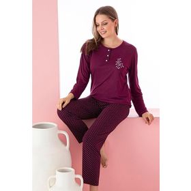 Farya Home Dreamy Uzun Kollu Desenli Düğmeli Yaka Mürdüm Kadın Pijama Takımı