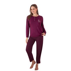 Farya Home Dreamy Uzun Kollu Desenli Düğmeli Yaka Mürdüm Kadın Pijama Takımı