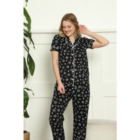Farya Home Siyah Dreamy Pamuklu Biyeli Yıldız Desenli Kısa Kollu Gömlek Pijama Takımı