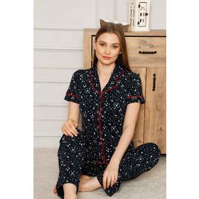 Farya Home Siyah Dreamy Pamuklu Biyeli Yıldız Desenli Kısa Kollu Gömlek Pijama Takımı