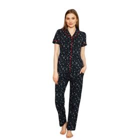 Farya Home Siyah Dreamy Pamuklu Biyeli Yıldız Desenli Kısa Kollu Gömlek Pijama Takımı
