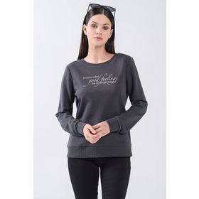 Fashion Friends 5370375 Füme Bisiklet Yaka Baskılı Kadın Sweatshirt