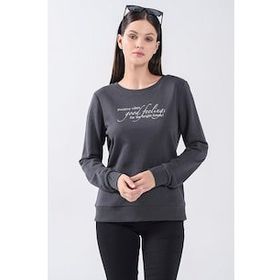 Fashion Friends 5370375 Füme Bisiklet Yaka Baskılı Kadın Sweatshirt