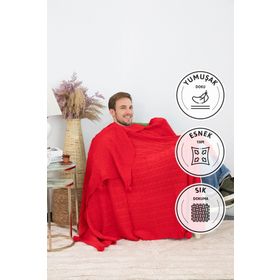 Favora Biocotton Triko Kırmızı Ponponlu Örgü TV Battaniyesi