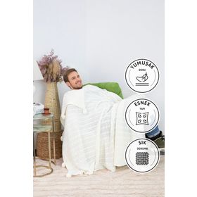 Favora Biocotton Triko Krem Ponponlu Örgü TV Battaniyesi