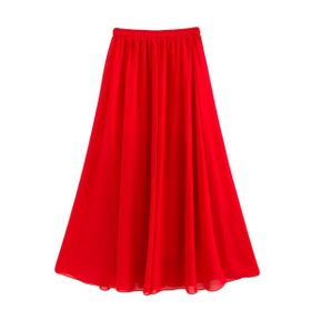 Feoya Boho Kırmızı Bel Lastikli Çift Katmanlı Şifon Retro Kadın Yaz Eteği