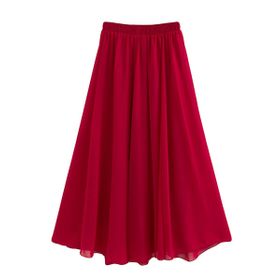 Feoya Boho Weinrot Bel Lastikli Çift Katmanlı Şifon Retro Kadın Yaz Eteği