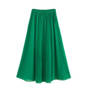 Feoya Boho Yeşil Bel Lastikli Çift Katmanlı Şifon Retro Kadın Yaz Eteği