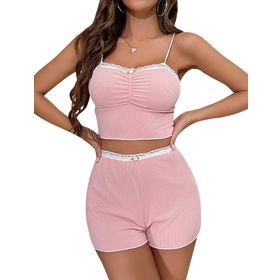 Feoya Loungewear Pembe-2 Ayarlanabilir Askılı 2 Parça Kadın Pijama Şort