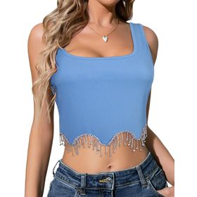 Feoya Tank Tops Mavi Kolsuz Püsküllü Örme Kadın Crop Bluz