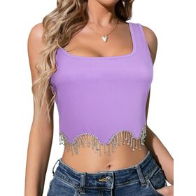 Feoya Tank Tops Mor Kolsuz Püsküllü Örme Kadın Crop Bluz