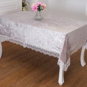 Finezza 1010 160x220 cm Pera Lüx Dantelli Kadife Kumaş Gümüş Masa Örtüsü