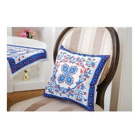Finezza 1444 45x45 cm Krem Mavi Kumaşlı Çini Baskılı Kırlent Kılıfı
