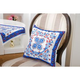 Finezza 1444 45x45 cm Krem Mavi Kumaşlı Çini Baskılı Kırlent Kılıfı