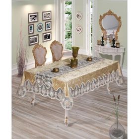 Finezza 160x220 cm Çağla Lüx Dantelli Kadife Kumaş Bej Dikdörtgen Masa Örtüsü