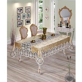 Finezza 160x220 cm Çağla Lüx Dantelli Kadife Kumaş Bej Dikdörtgen Masa Örtüsü