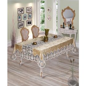 Finezza 160x220 cm Çağla Lüx Dantelli Kadife Kumaş Bej Dikdörtgen Masa Örtüsü