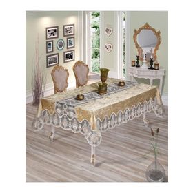Finezza 160x220 cm Çağla Lüx Dantelli Kadife Kumaş Bej Dikdörtgen Masa Örtüsü