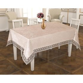 Finezza 160x220 cm İnci Lüx Dantelli Kadife Kumaş Krem Masa Örtüsü