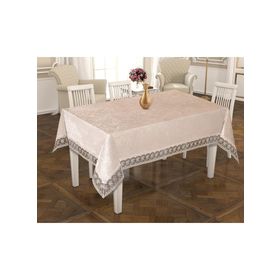 Finezza 160x220 cm İnci Lüx Dantelli Kadife Kumaş Krem Masa Örtüsü