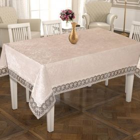 Finezza 160x220 cm İnci Lüx Dantelli Kadife Kumaş Krem Masa Örtüsü